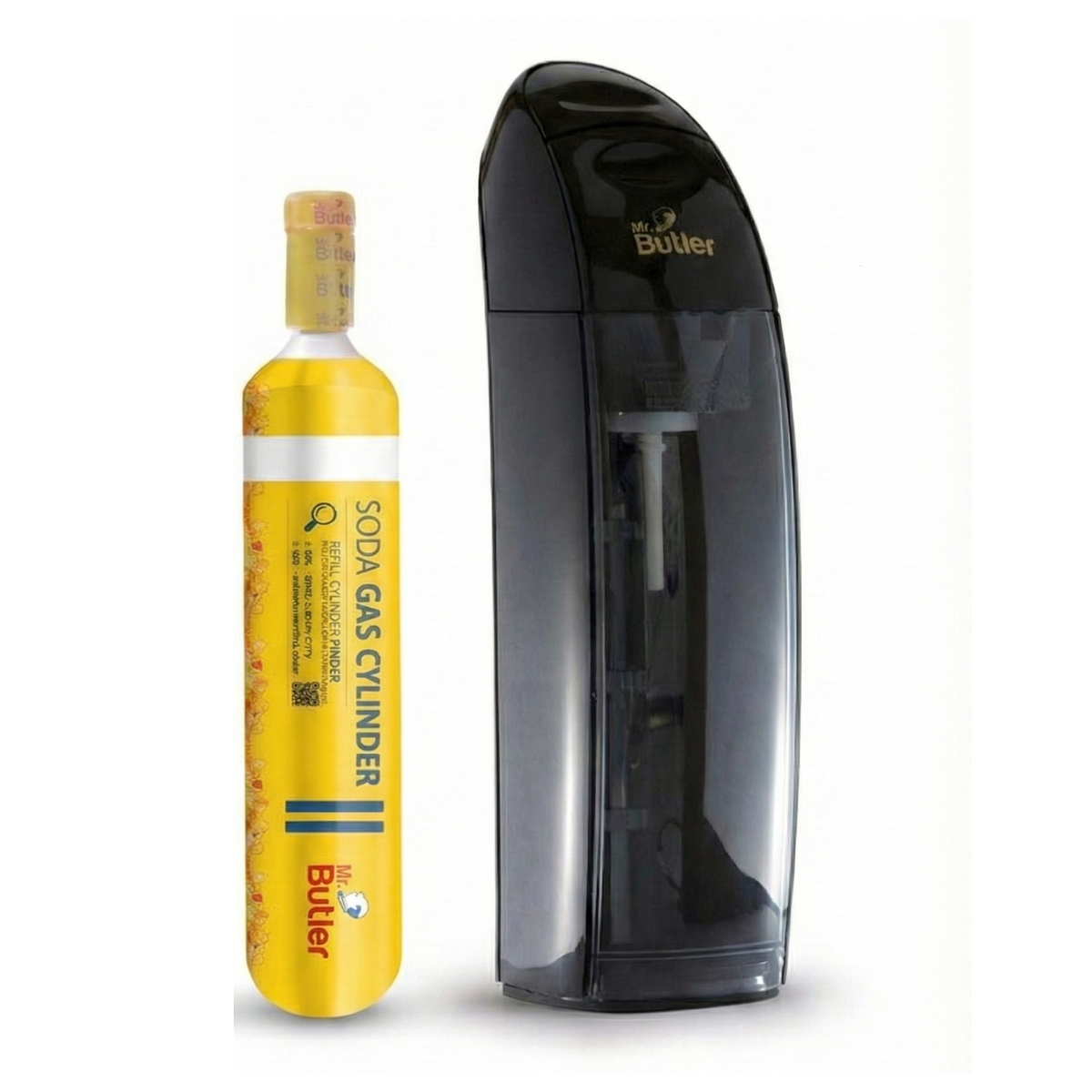 Mr. Butler Italia Black edition sparkling beverage maker including rechargeable CO2 cylinder and eco-friendly 500ml bottle