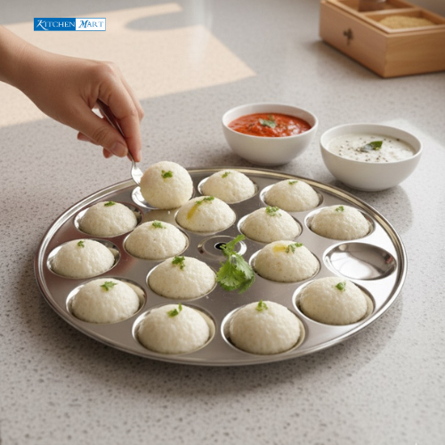 Kitchen Mart stainless steel deep mini idli plate 18 cavities 3.4cm diameter top view