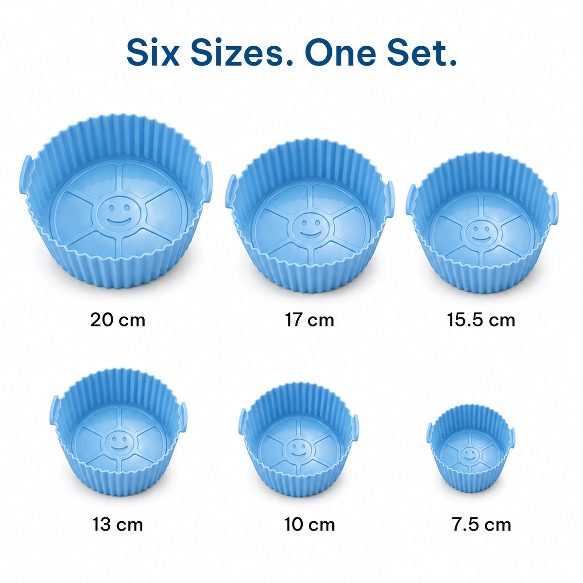 Six reusable silicone air fryer liners in sizes 20, 17, 15.5, 13, 10 and 7.5 cm
