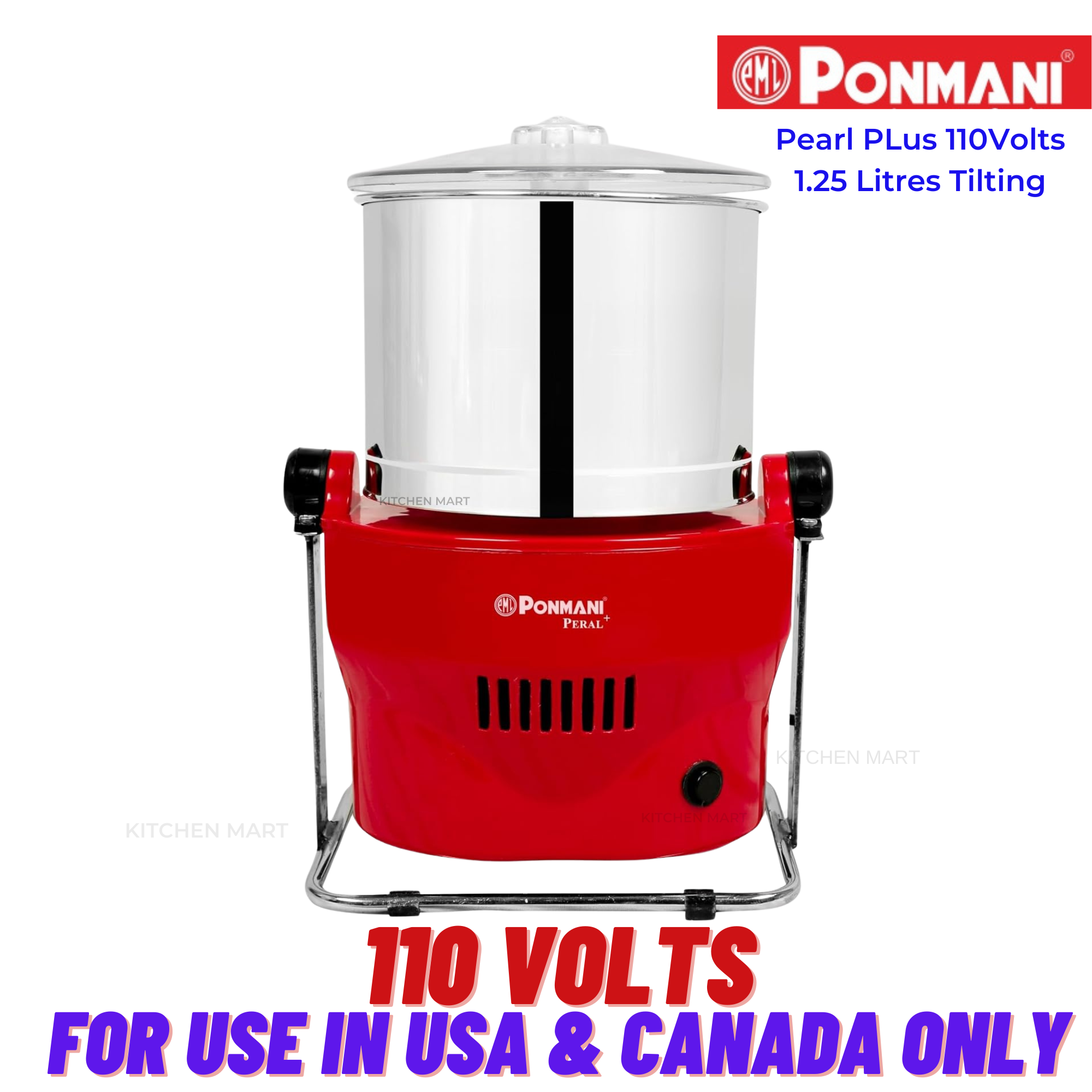 Ponmani Pearl Plus Mini Wet Grinder - 1.25L Capacity, Table Top Tilting Design, 150W Motor, 110Volts for use in USA & Canada only