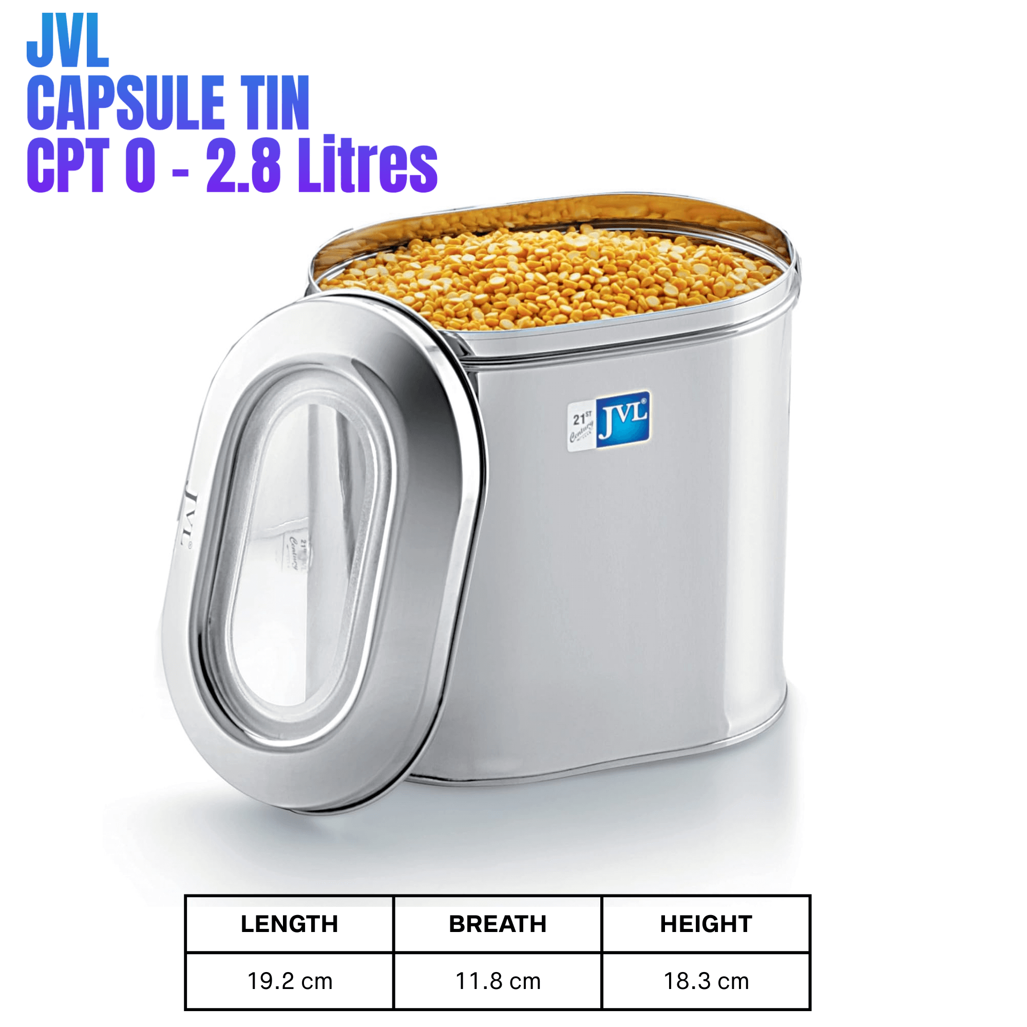 JVL stainless steel capsule tin food storage container with see-through lid, 2.8 litres capacity, dimensions displayed.