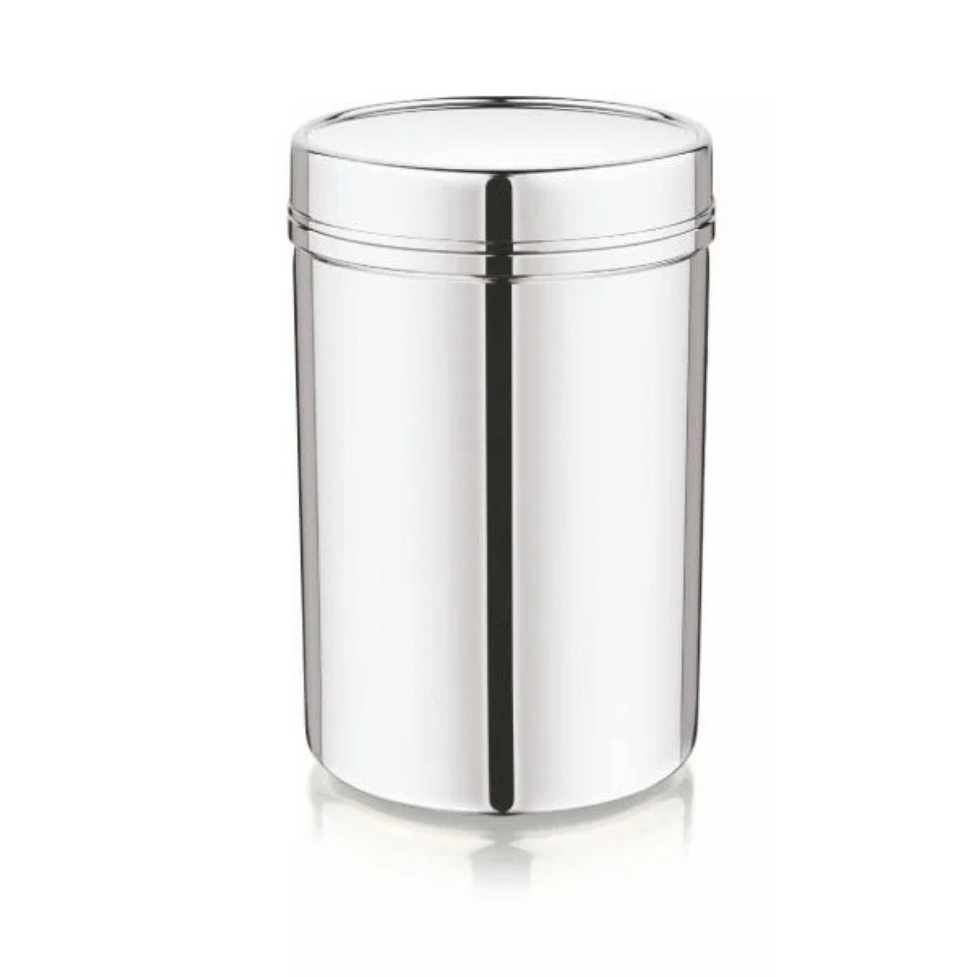 Mukti stainless steel kitchen storage jar canister with a mirror polished finish, ideal for spices and grains.