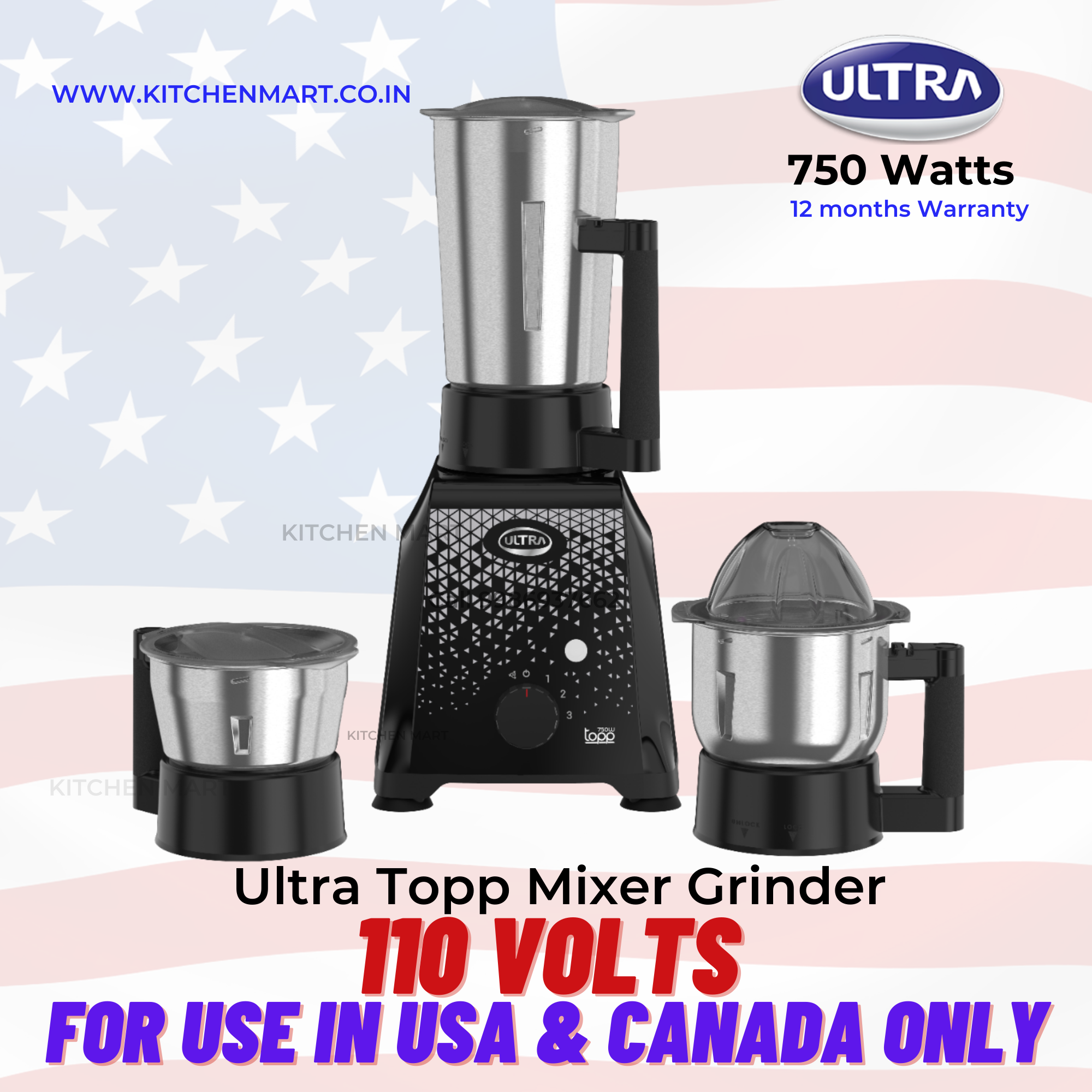 Ultra Topp 110volts 750W Mixer Grinder ( 3 Jars, Jet Black ) for use in USA and canada only