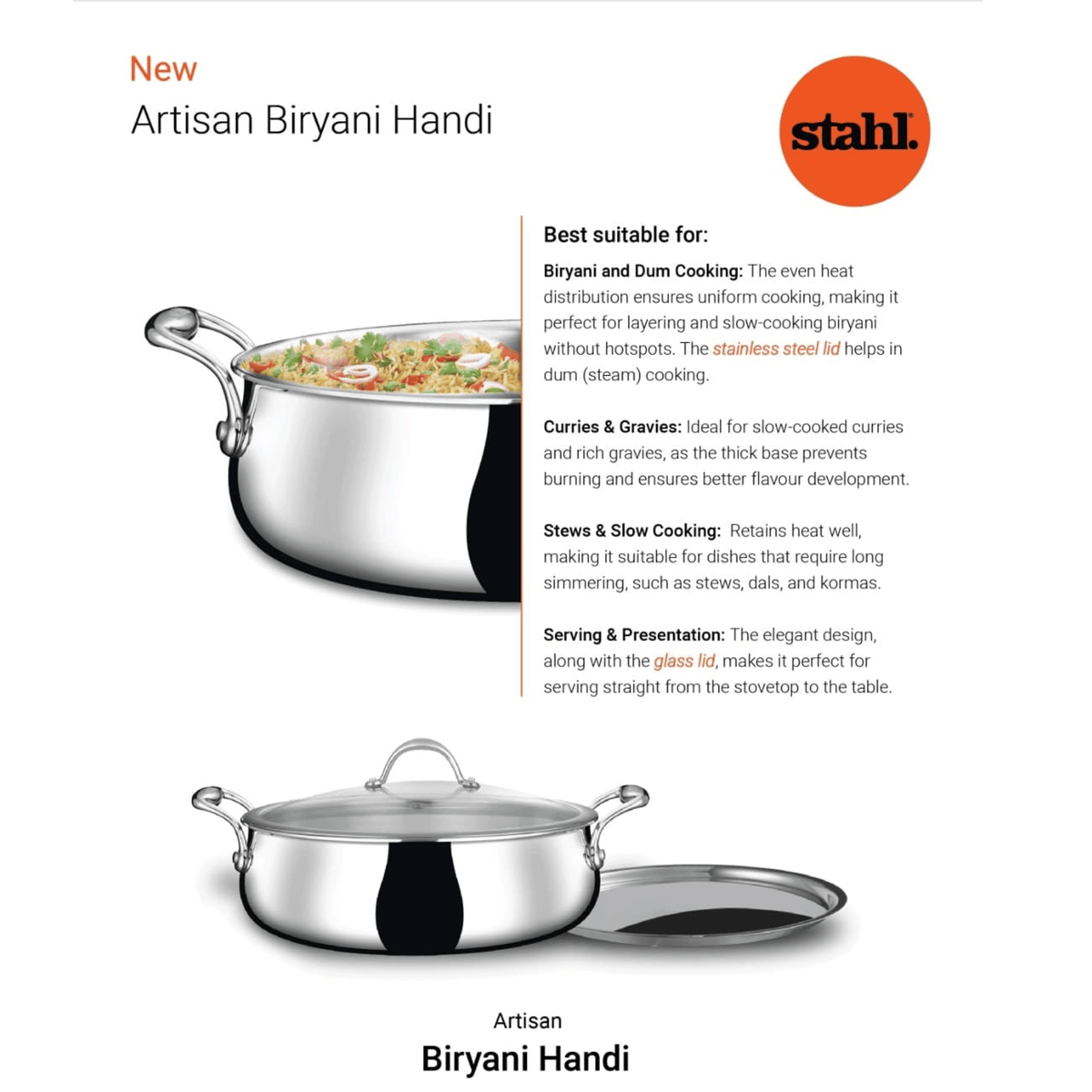 Stahl Artisan Biryani Handi with stainless steel lid, designed for perfect dum cooking and elegant serving.