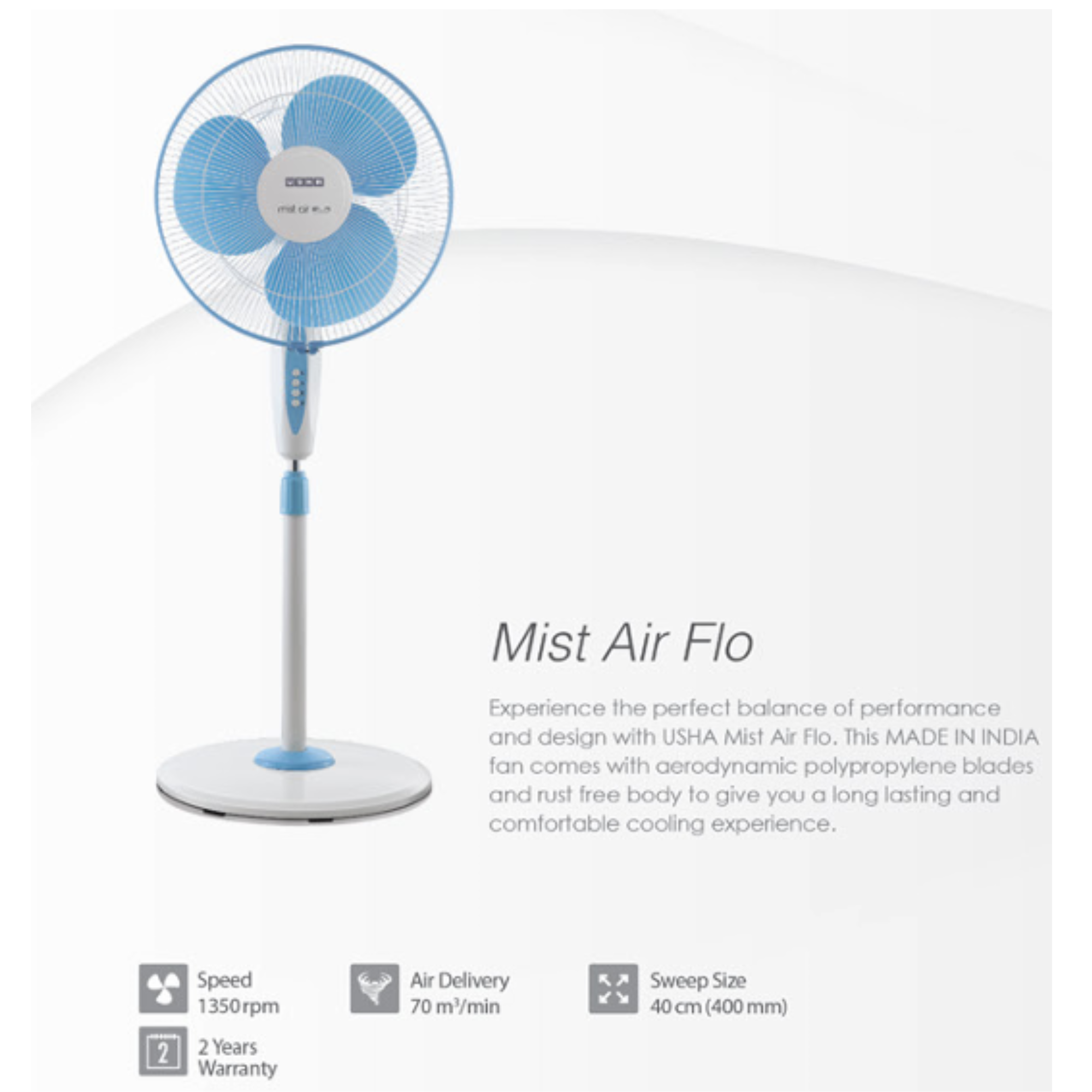 Usha Mist Air Flo Pedestal Fan - 400mm, 1350 RPM, 3-Speed, 2-Year Warranty (Light Blue)