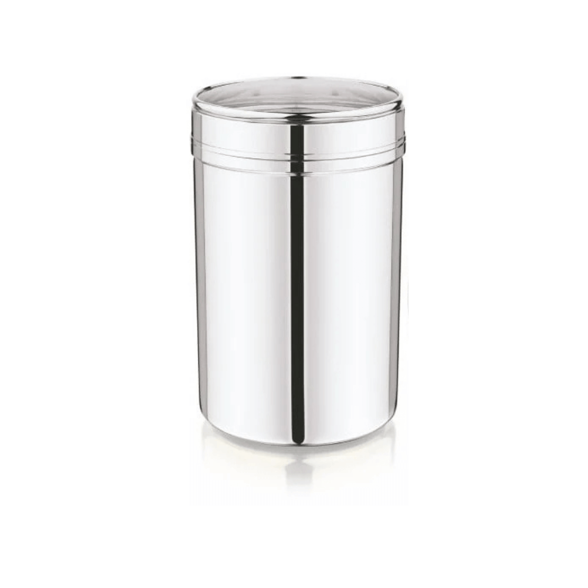 Mukti stainless steel kitchen storage jar with see-through lid for easy identification and freshness.