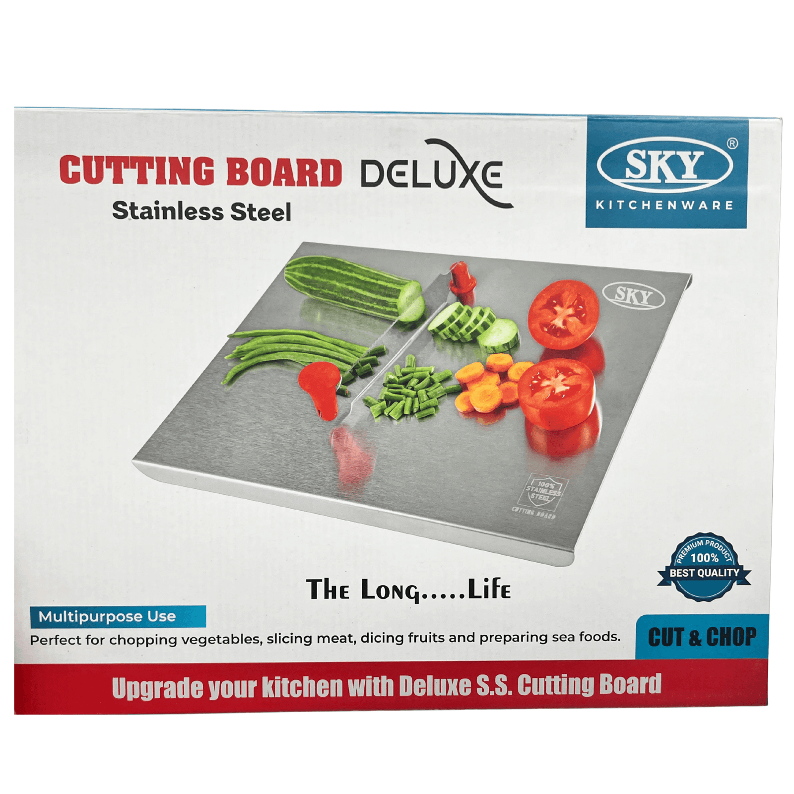 SKY stainless steel cutting board with integrated pivoting blade and safety cover