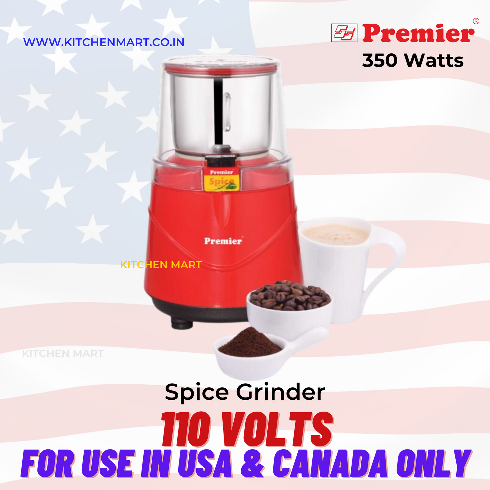 Premier Spice Grinder 🌶️ – Powerful 350W Electric Grinder ⚡ for Coffee Beans ☕, Spices 🍛, and More – Stylish Red Finish ❤️ with Clear Lid 🔍 - 110 volts for USA and Canada only