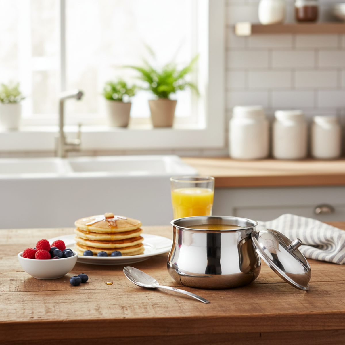 Premium 250ml mirror-finish stainless steel ghee container with knob lid and matching spoon