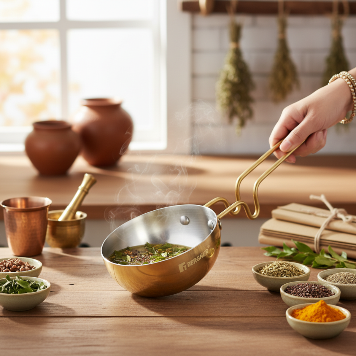 BERGNER Peetlam brass tadka pan showing superior heat retention for spice roasting