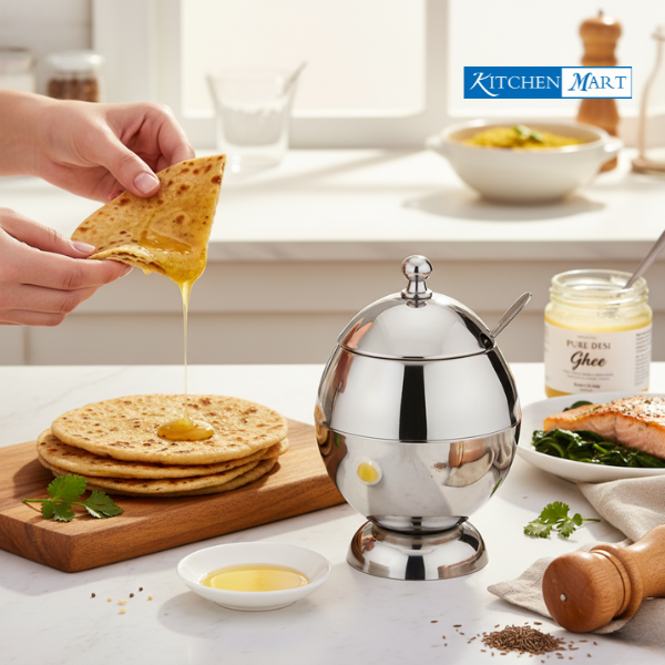 Stainless steel ghee pot 170ml mirror finish with airtight lid
