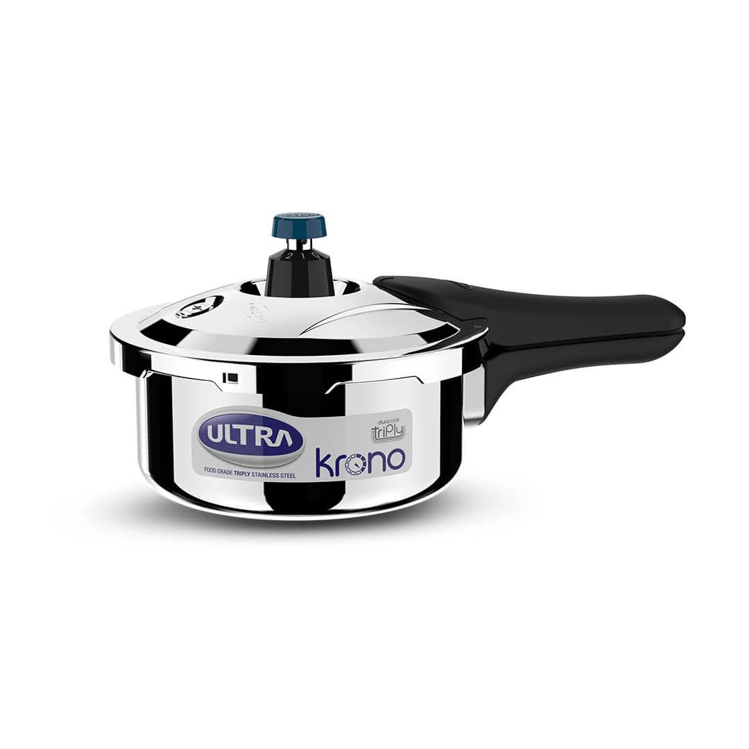 Ultra Triply Krono Pressure Cooker with Whistle Counter, AISI 304 steel, offering precision cooking and superior heat distribution.