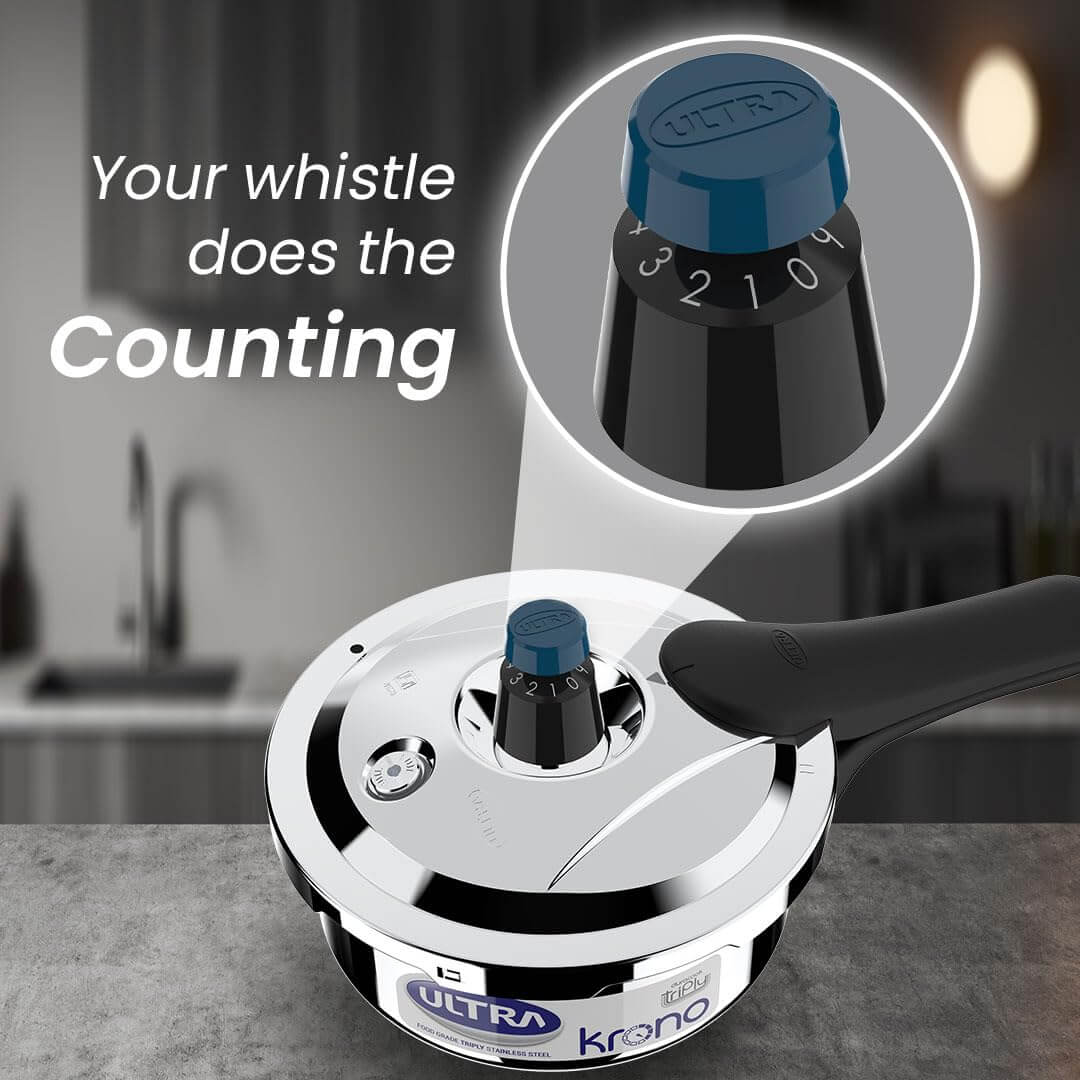Ultra Triply Krono Pressure Cooker with whistle counter technology for precise cooking timing.