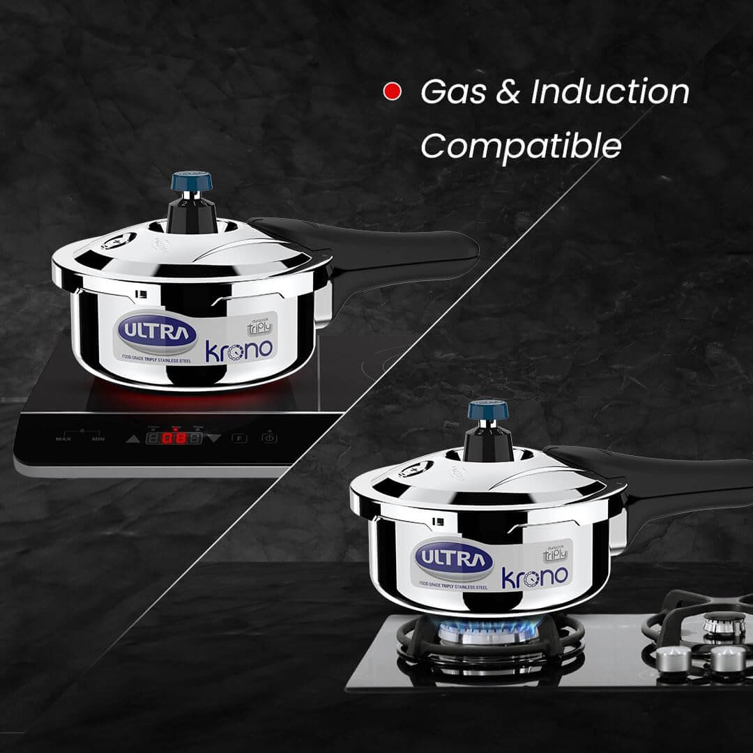 Ultra Triply Krono Pressure Cooker, gas and induction compatible, showcasing its versatility and modern design.