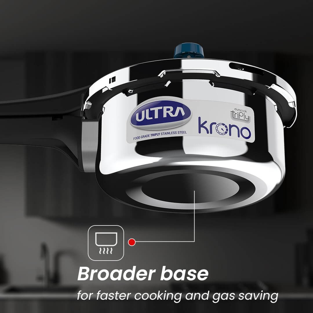 Ultra Triply Krono Pressure Cooker with Whistle Counter and broader base for quicker cooking and energy efficiency.