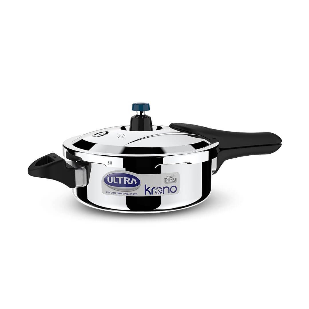 Ultra Triply Krono Pressure Cooker with Whistle Counter, AISI 304 stainless steel, for precise cooking and heat distribution.