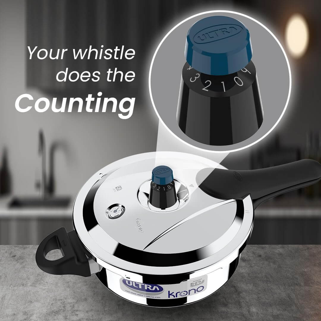 Ultra Triply Krono Pressure Cooker with Whistle Counter technology for precise cooking and timing.