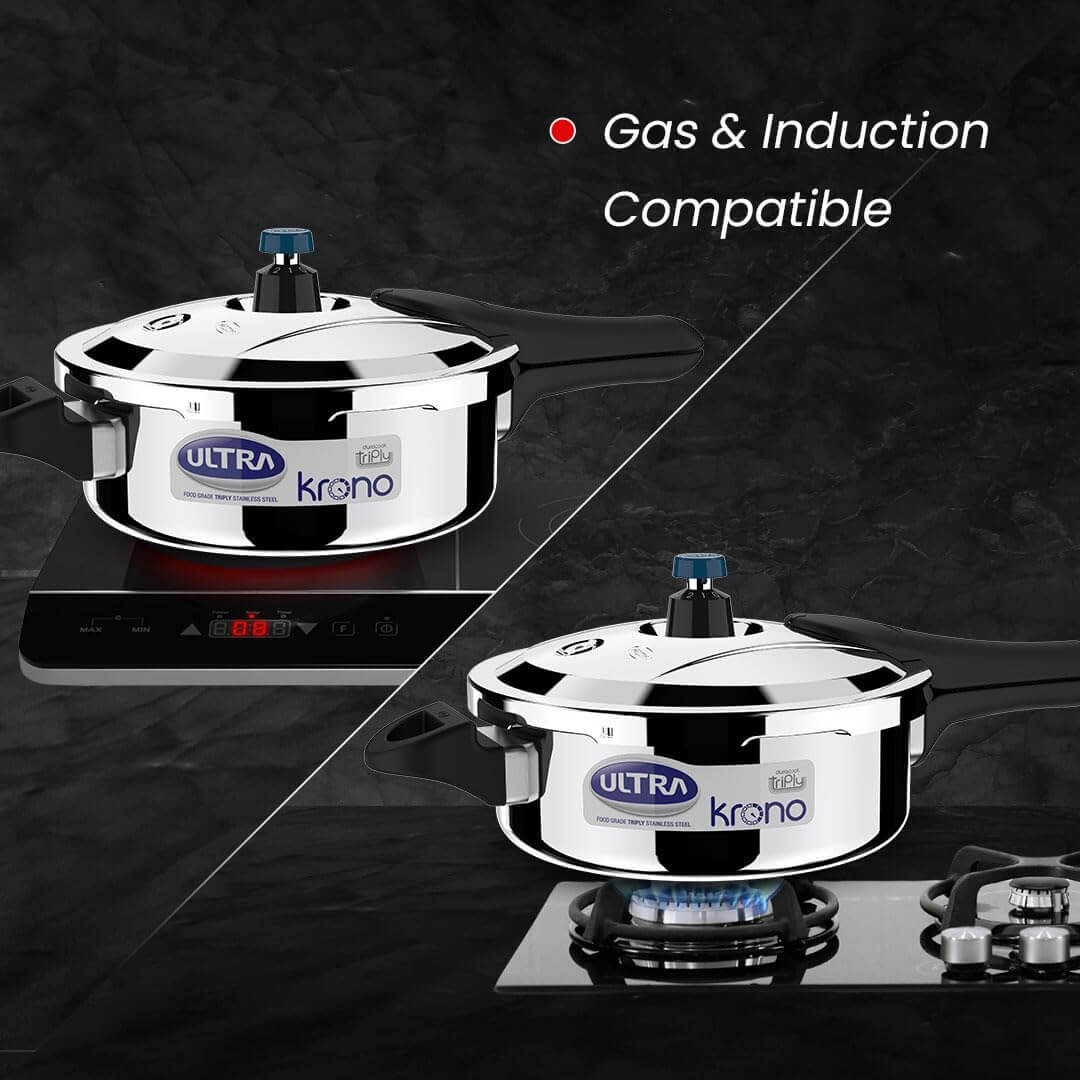 Ultra Triply Krono Pressure Cooker shown on gas and induction stoves, showcasing compatibility and modern design.