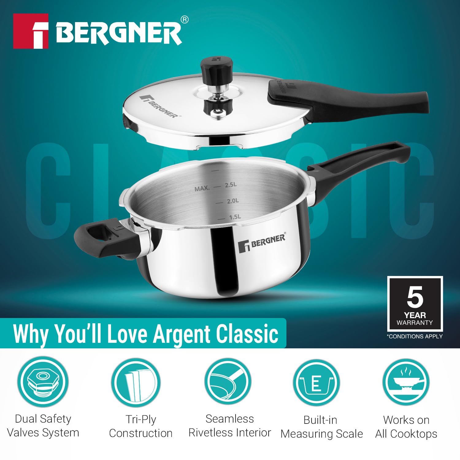Bergner Argent Classic Triply Stainless Steel Pressure Cooker - Premium Quality
