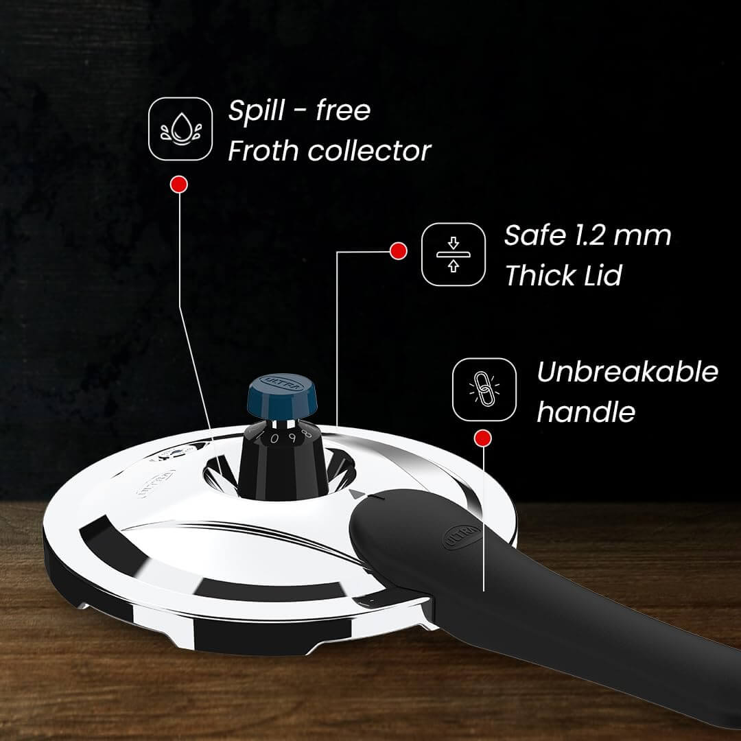 Close-up of Ultra Triply Krono Pressure Cooker's lid showing froth collector and unbreakable handle features.