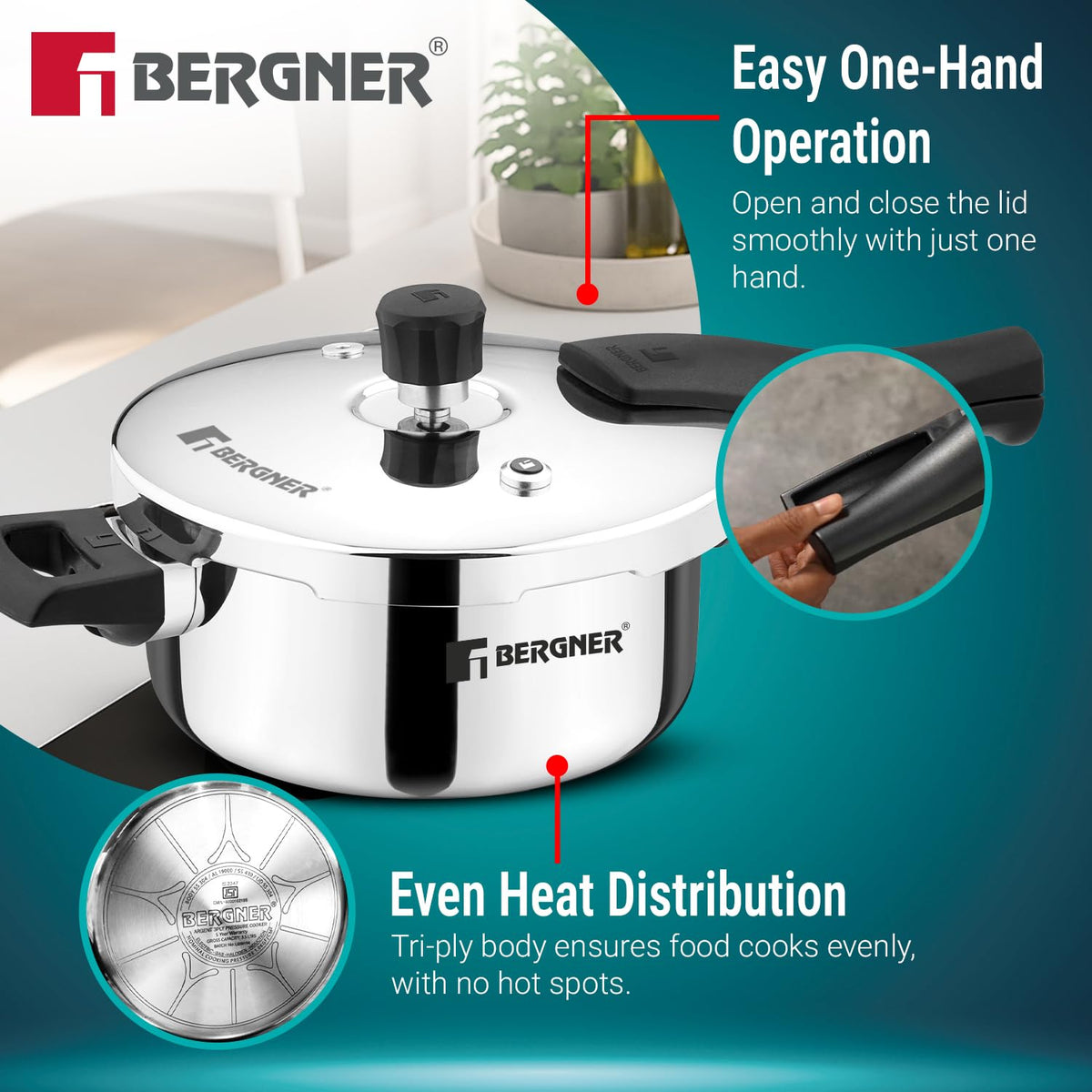 Bergner Argent Classic Triply Stainless Steel Pressure Cooker - Premium Quality