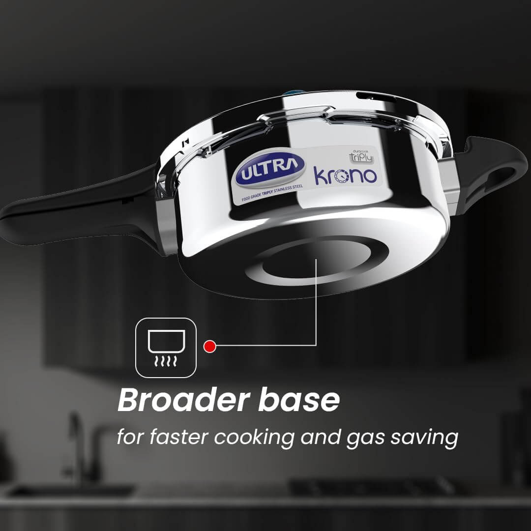 Ultra Triply Krono Pressure Cooker with broader base for faster cooking and gas saving, featuring patented whistle counter technology.
