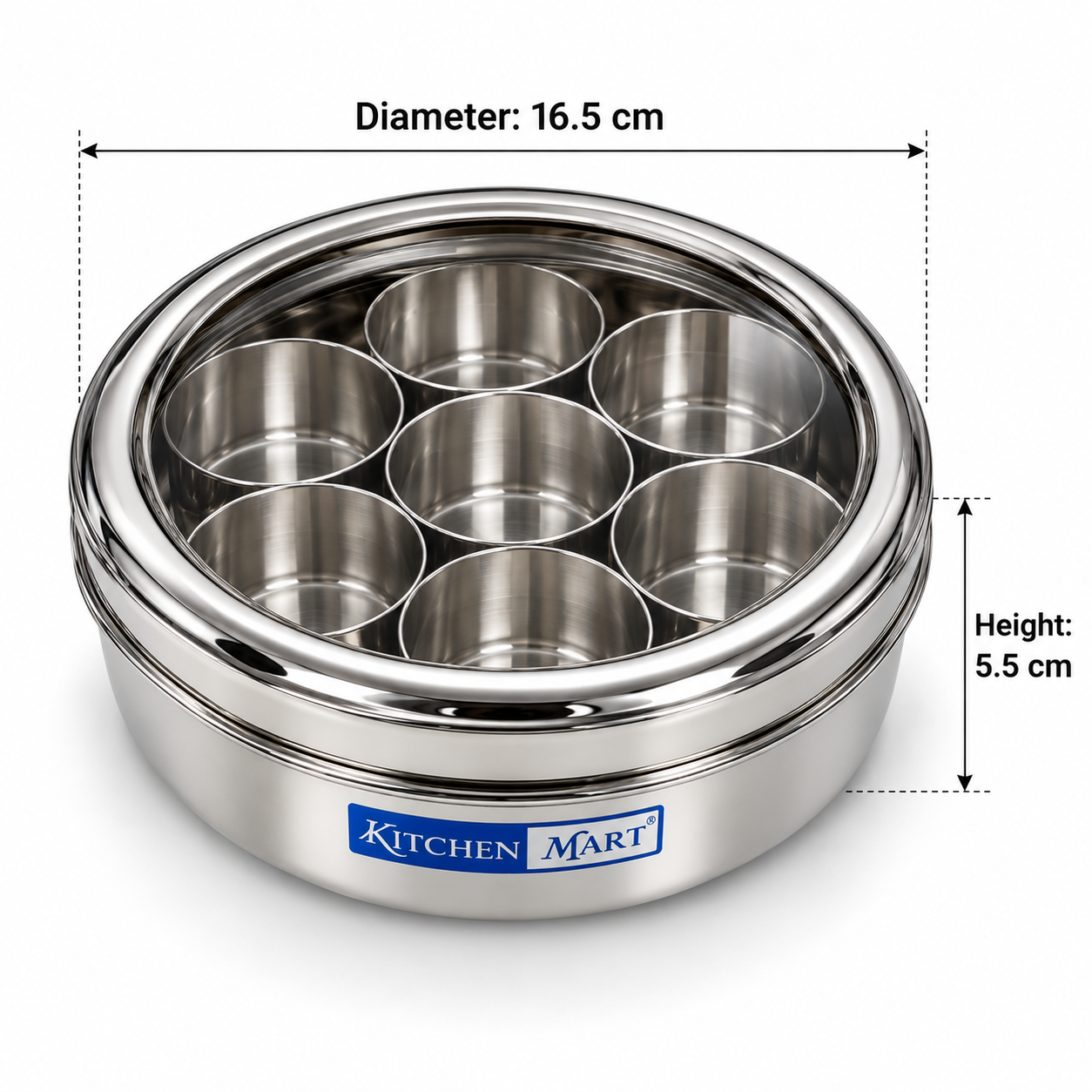 Kitchen Mart Chutki Mini Masala Box – Stainless Steel Spice Box with 7 Cups & See-Through Lid, 16.5 cm