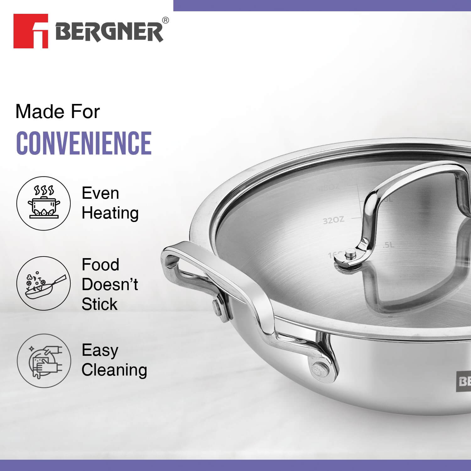 Bergner BE Essentials Tri-Ply Stainless Steel Kadai with Glass Lid | Induction Compatible | 5-Year Warranty
