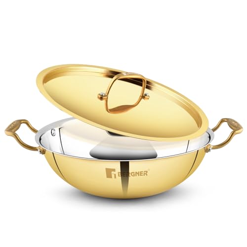 BERGNER Peetlam brass kadai with tin kalai coating and PVD gold handle
