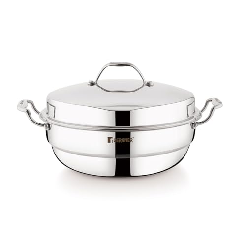 Bergner Argent Triply Multi-Kadai Set 6.1L - Stainless Steel, Induction Ready + Accessories &amp; 5-Yr Warranty