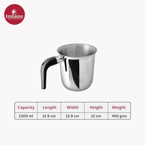 Induction compatible Embassy milk warmer showing mirror finish and comfortable grip 1300 ml