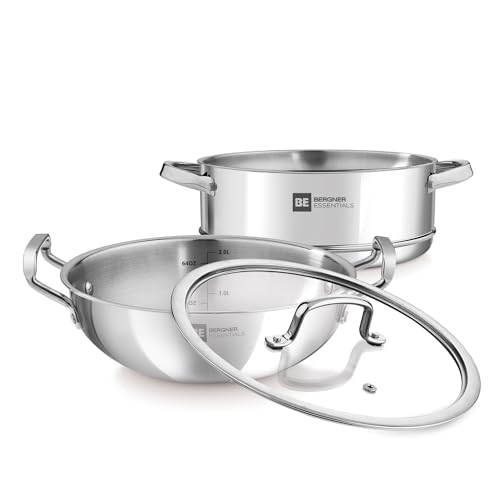 Bergner Tri-Ply Stainless Steel Cookware Set - 24cm Kadai, Steamer with Glass Lid, Induction Compatible