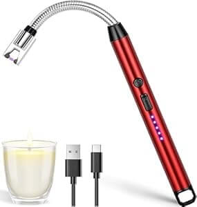 Electric rechargeable Arc lighter in red with flexible neck, USB charging cable, and lit candle.