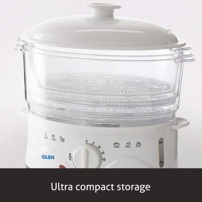 Glen SA-3052FS food steamer steaming vegetables, momos and fish in three separate compartments