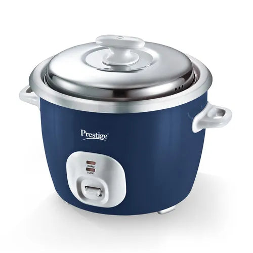 Prestige Cute 1.8-2 SS electric rice cooker with cool touch handles closeup in blue colour