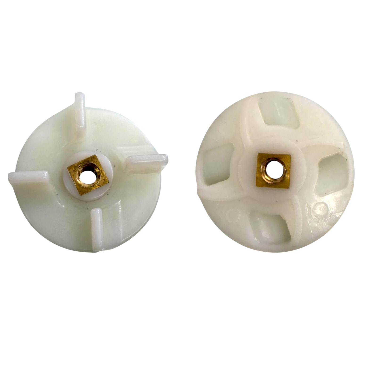 Preethi mixer grinder jar coupler top view showing white plastic body with brass centre insert