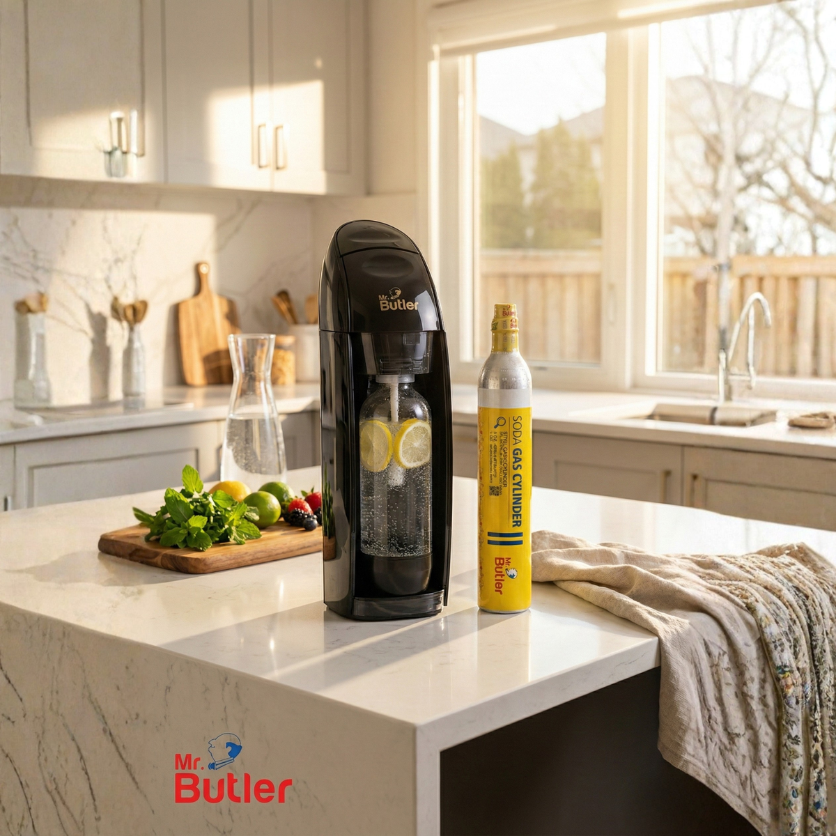 Mr. Butler Italia home soda maker in black with CO2 cylinder and reusable 500ml bottle for carbonating beverages at home