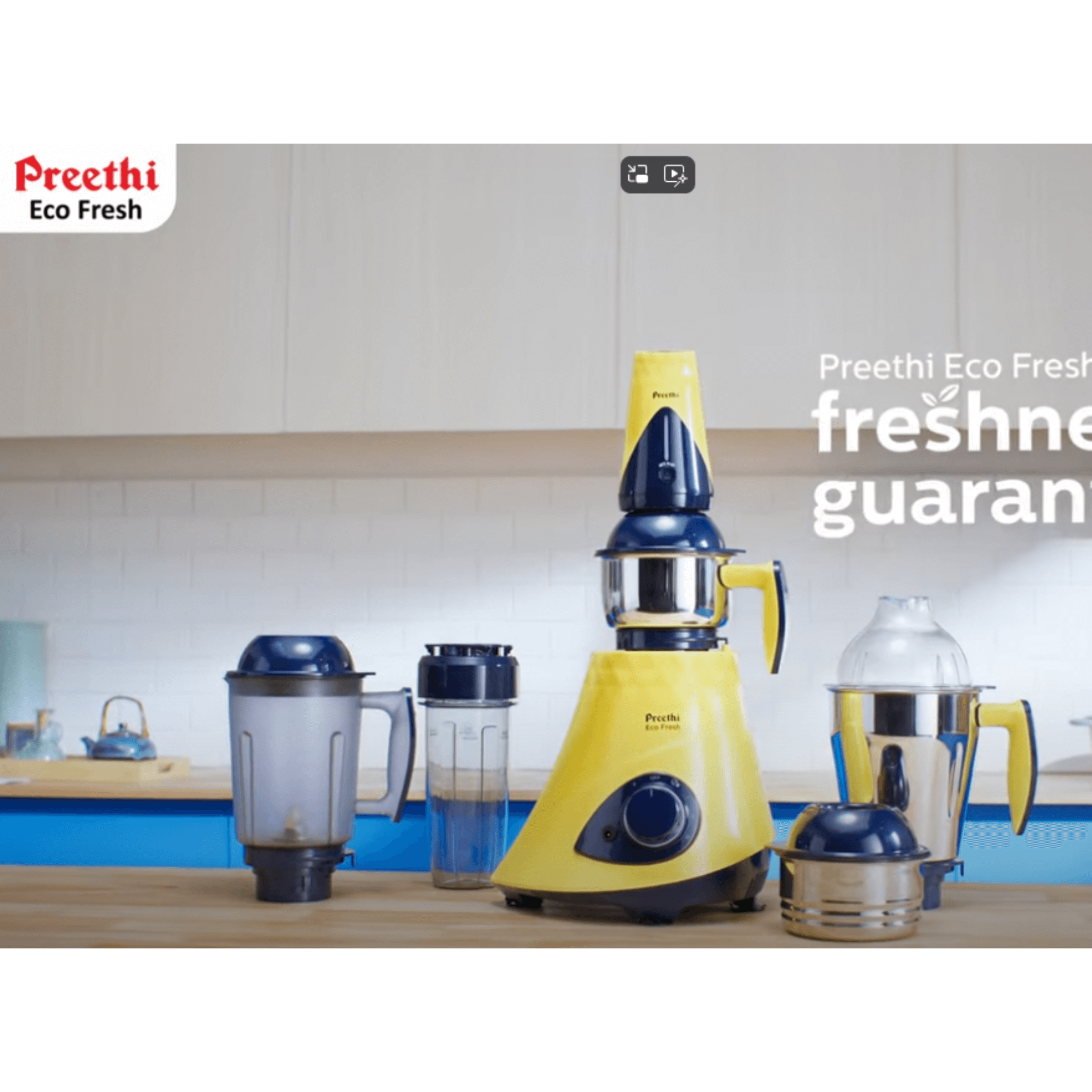 Preethi Eco Fresh MG291 Mixer Grinder with yellow base and three jars for Indian cooking