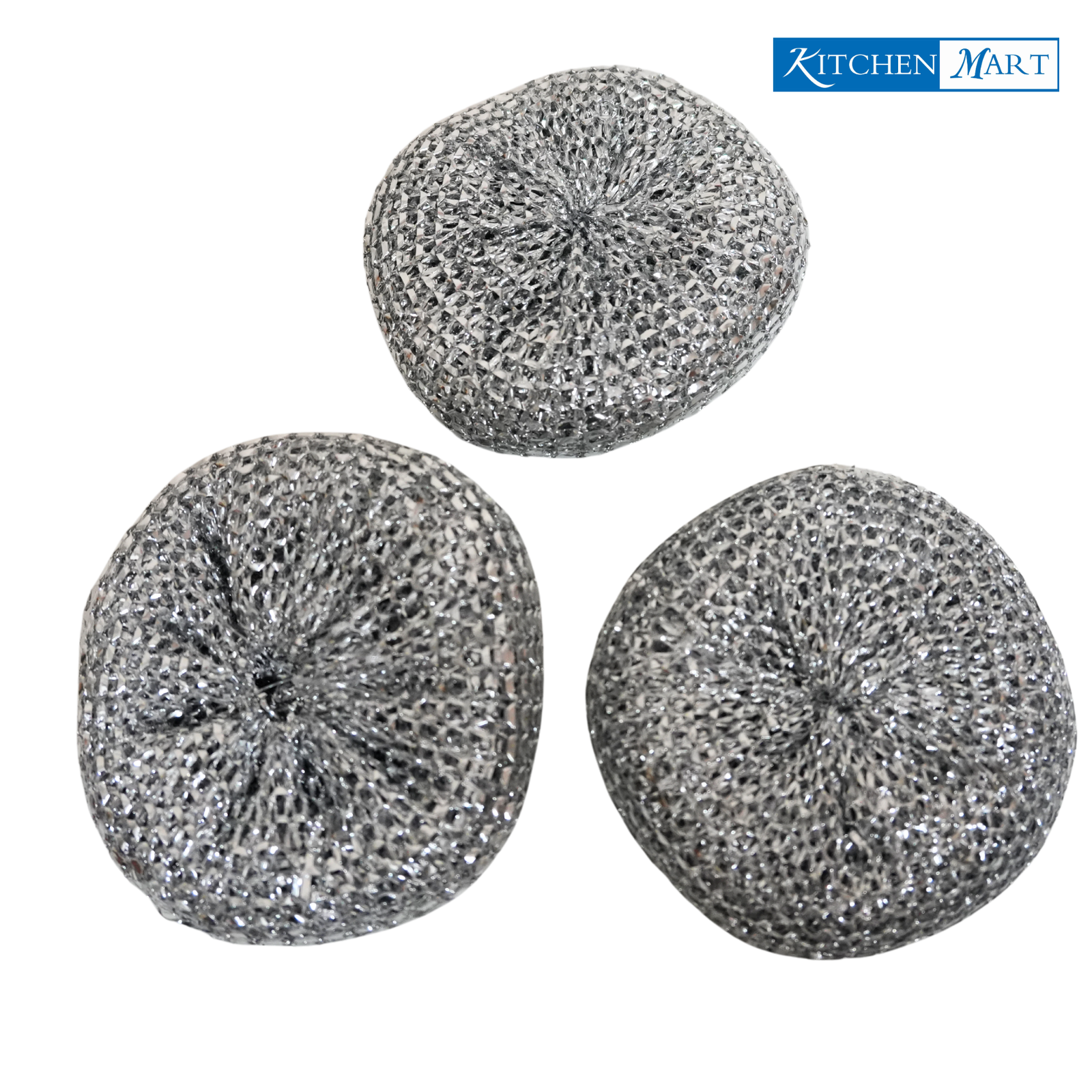 Three metallic scrubber balls on a white background with 'Kitchen Mart' logo.
