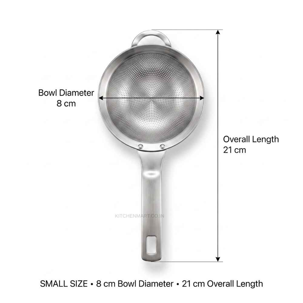 KitchenMart Shengya Stainless Steel Tea Strainer with Handle – SUS304 18/8 Steel (3 Sizes)