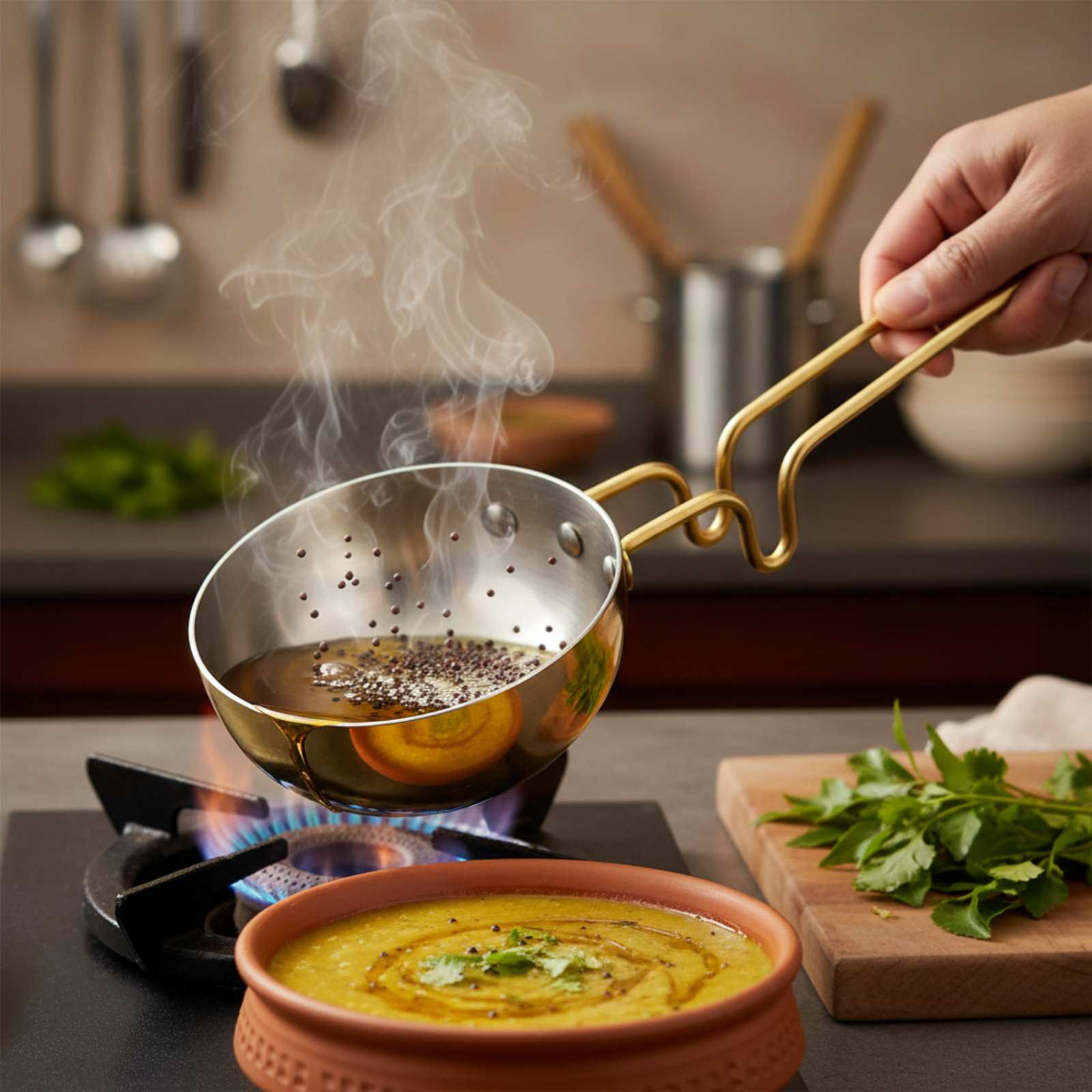 bergner brass  peetlam Traditional brass tempering pan 12cm diameter with comfortable handle for spice seasoning