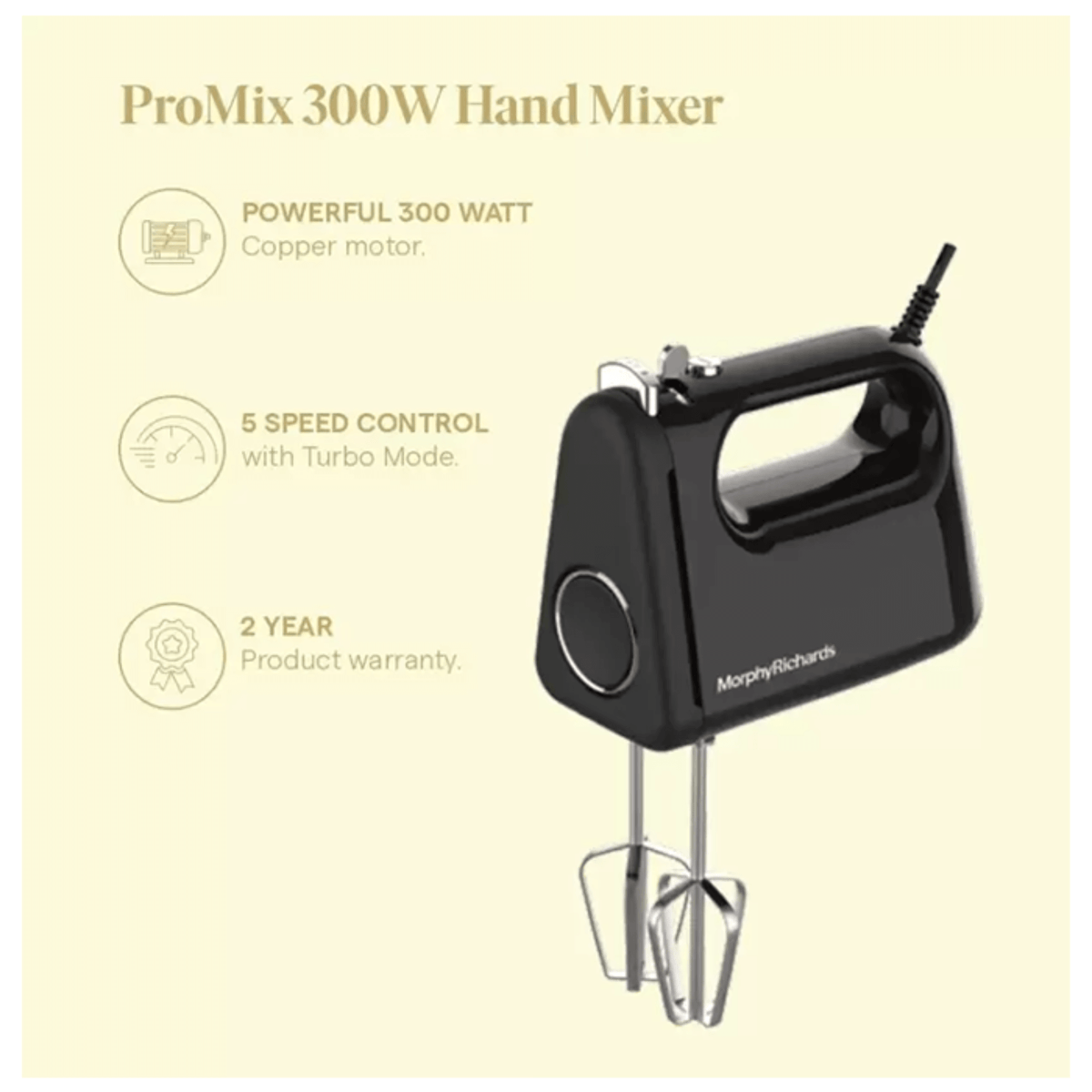 White and grey Morphy Richards hand mixer model 640138 with ergonomic grip