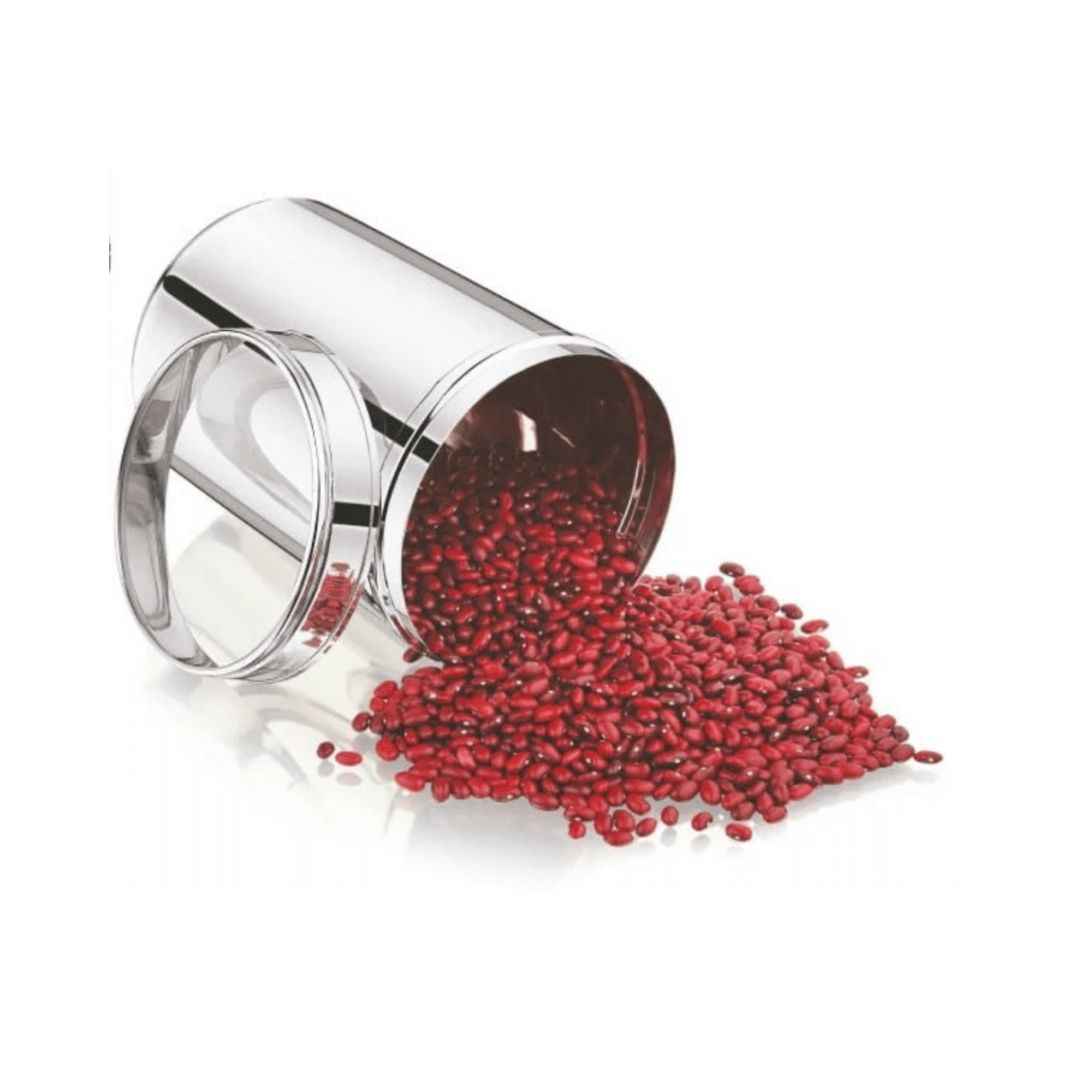 Mukti stainless steel jar with red beans spilled out, showcasing a see-through lid for easy content identification.