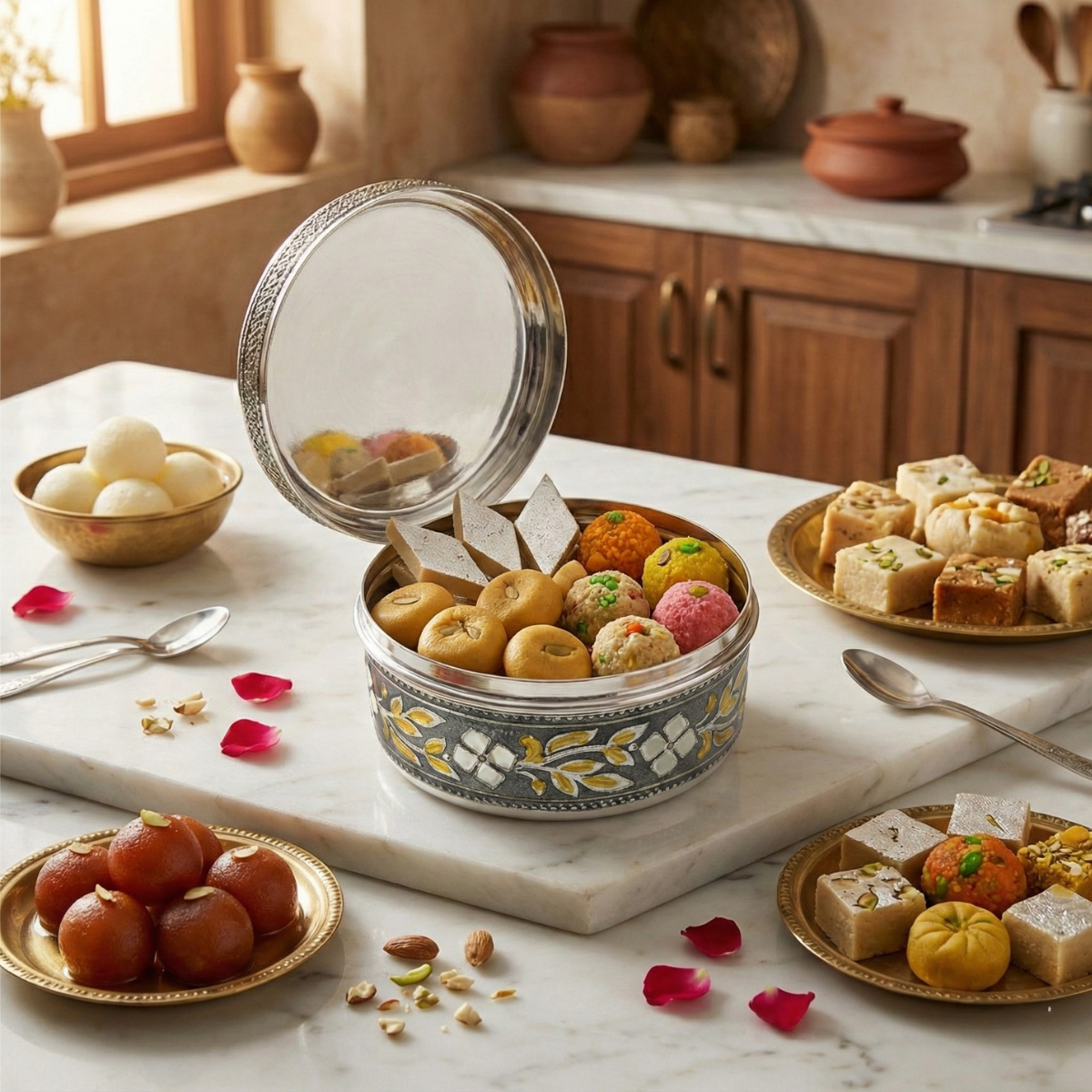 Kitchen Mart Antique Deep Puri Box Steel Traditional Indian Gift