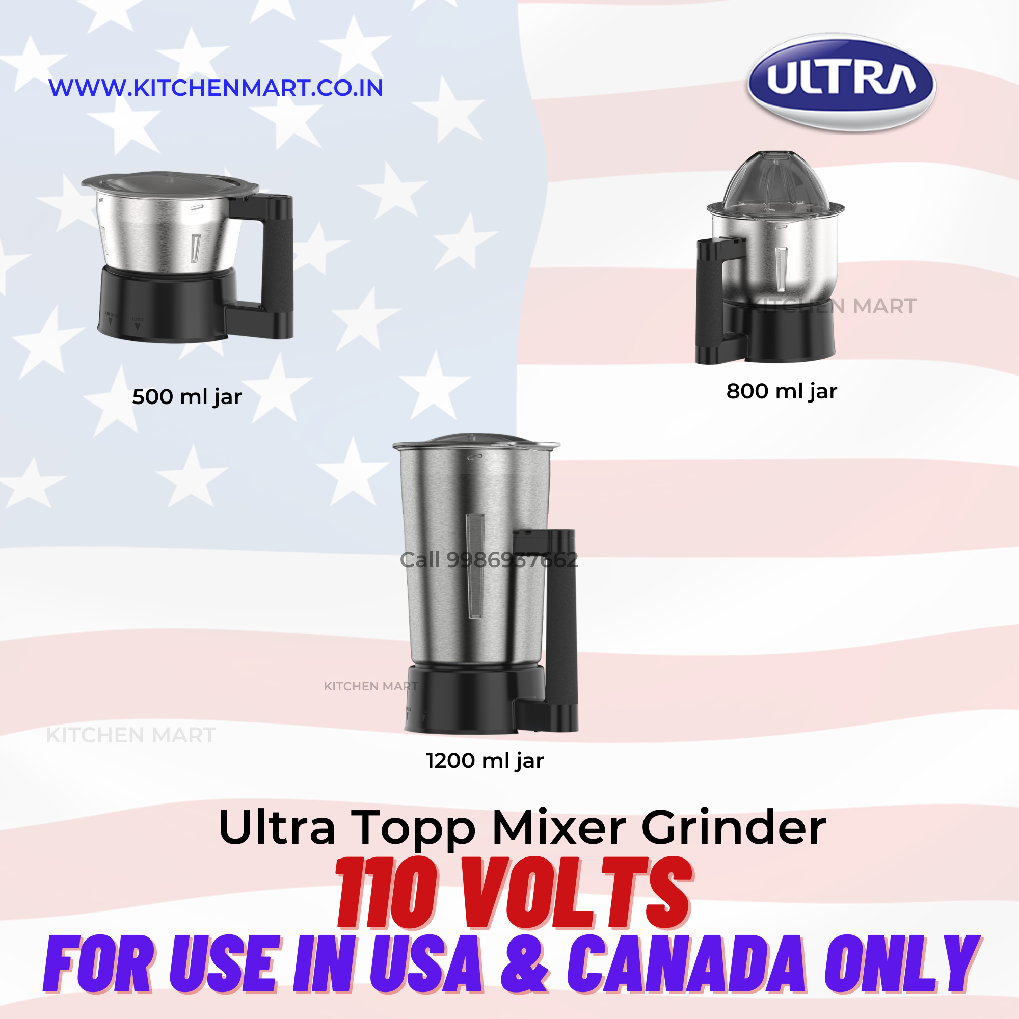 Ultra Topp 3-Jar Mixer Grinder 750-Watts 110V, Black