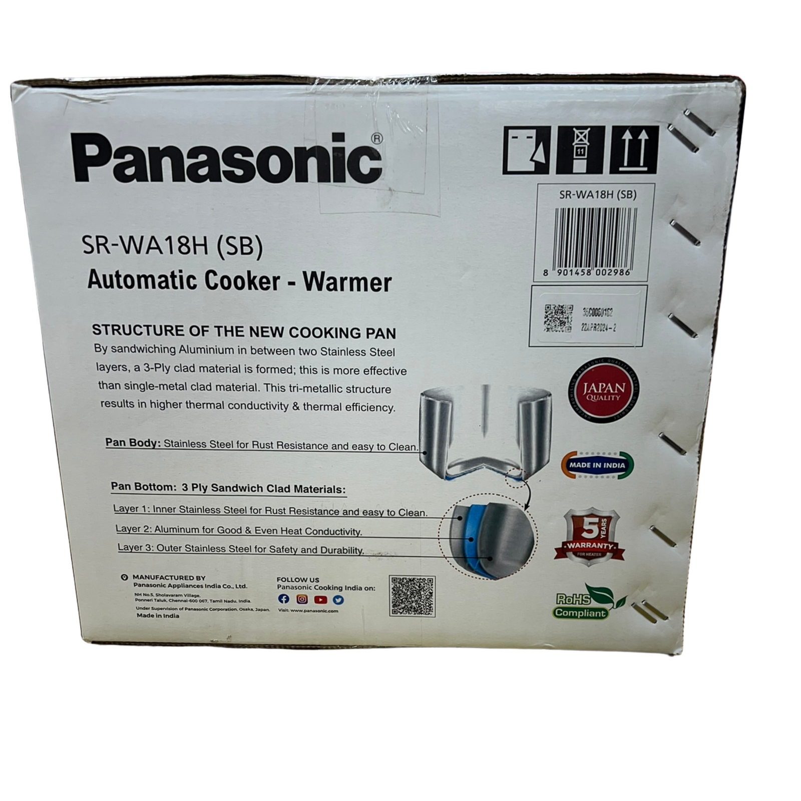 Panasonic SR-WA18H (SB) Automatic Rice Cooker - Sandwich Bottom Stainless Steel Inner Pot