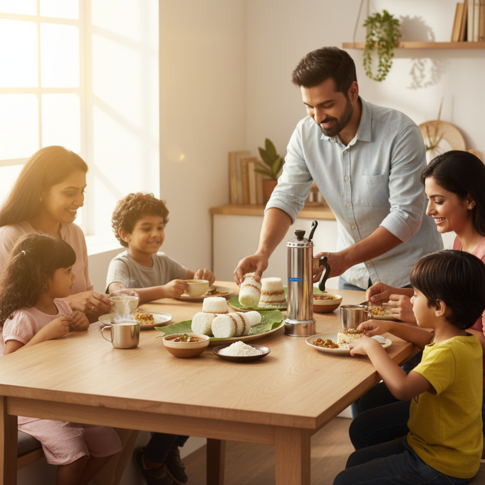 Family of five sitting around a dining table, enjoying a meal together.