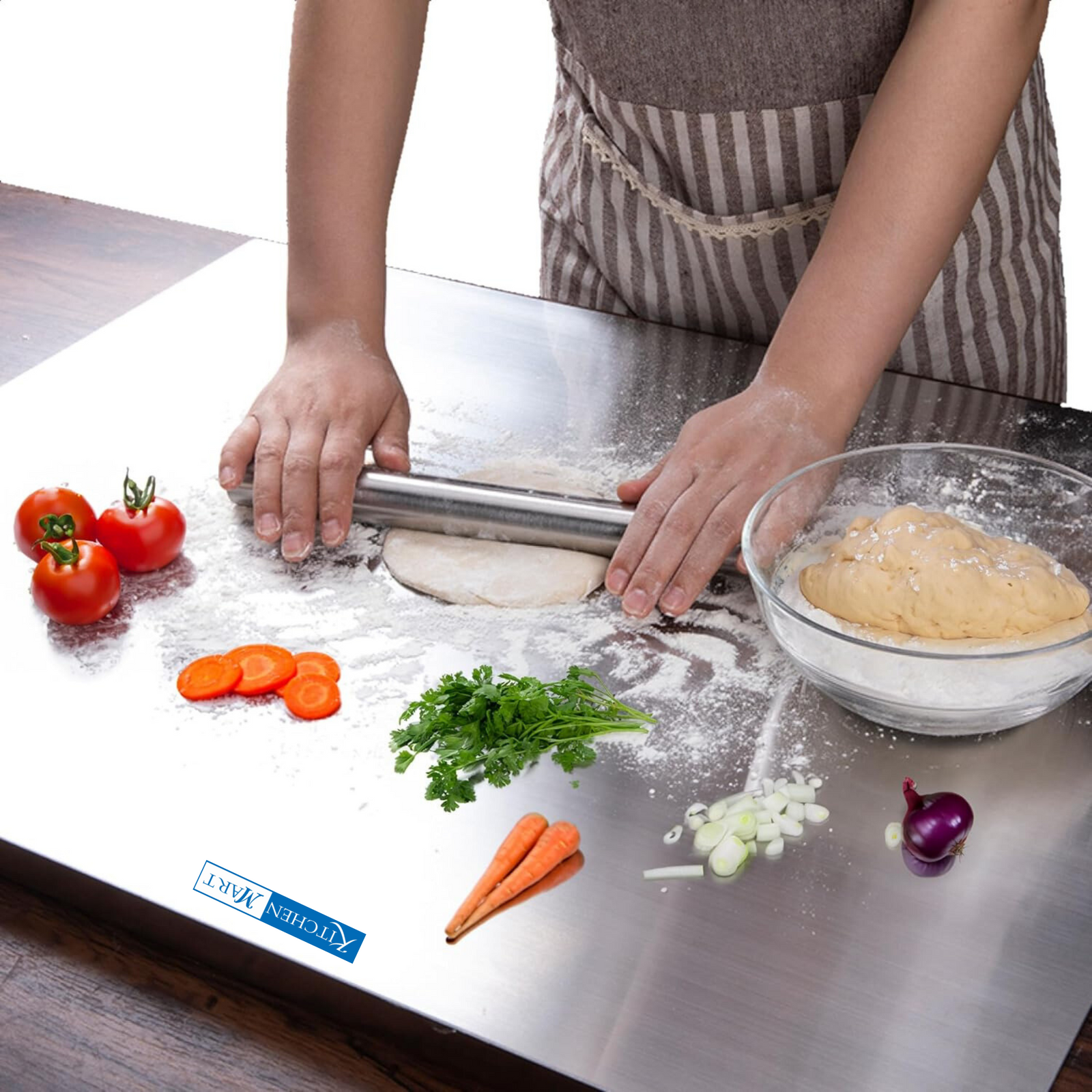 Kitchen mart Counter Top Chopping Board Stainless Steel Worktop Platform Round Edge, Baking, Heavy Extra Large (63 Cm Wide x 47 Cm Deep +25 Mm Bend
