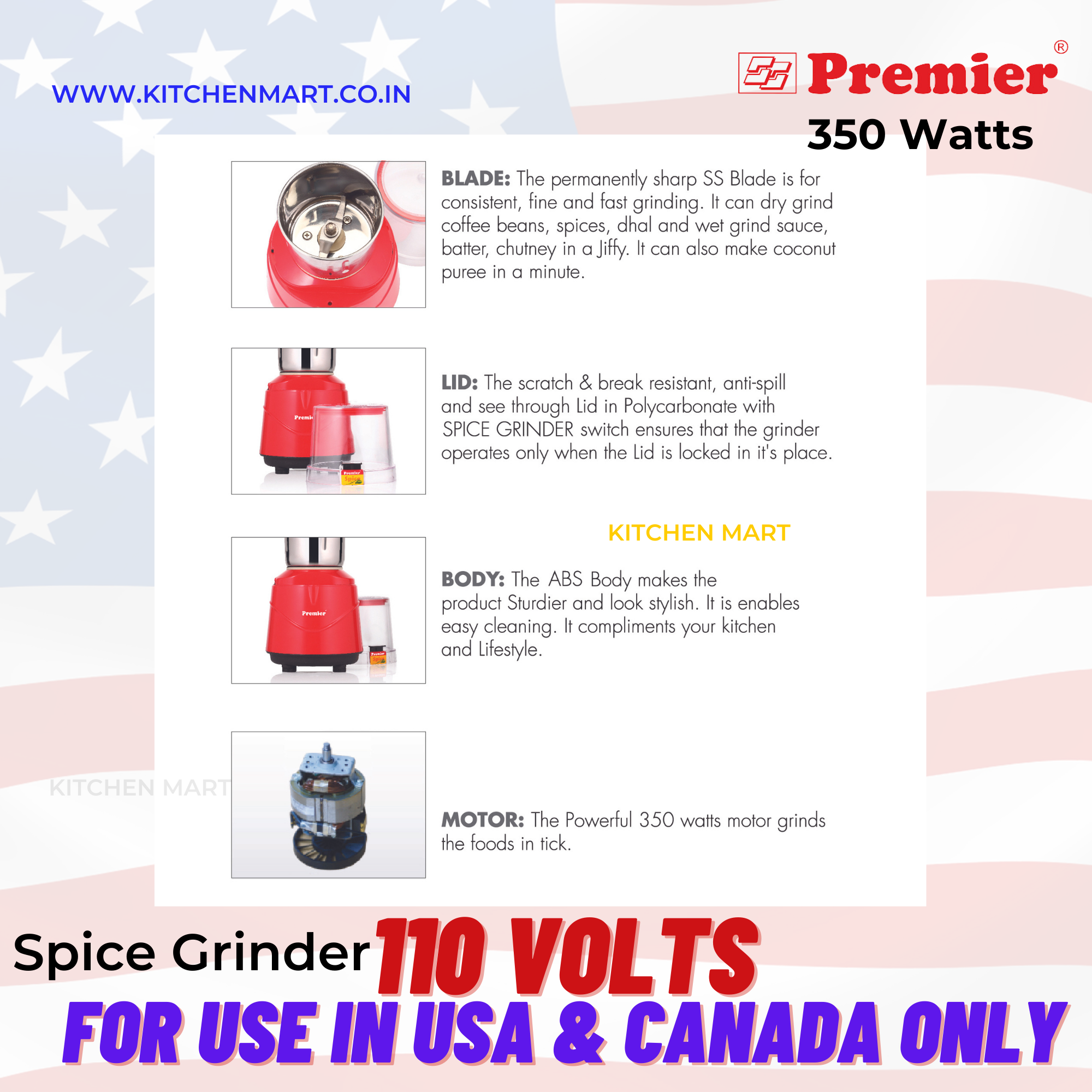 Premier Spice Grinder 🌶️ – Powerful 350W Electric Grinder ⚡ for Coffee Beans ☕, Spices 🍛, and More – Stylish Red Finish ❤️ with Clear Lid 🔍 - 110 volts for USA and Canada only