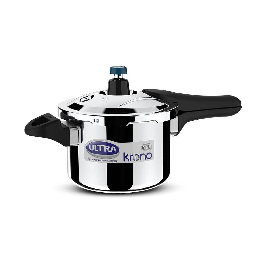 Ultra Triply Krono Pressure Cooker with Whistle Counter, AISI 304 stainless steel, advanced cooking technology.